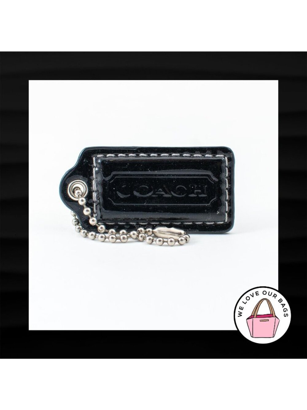 2" Medium COACH BLACK PATENT LEATHER KEY FOB BAG CHARM KEYCHAIN HANGTAG TAG